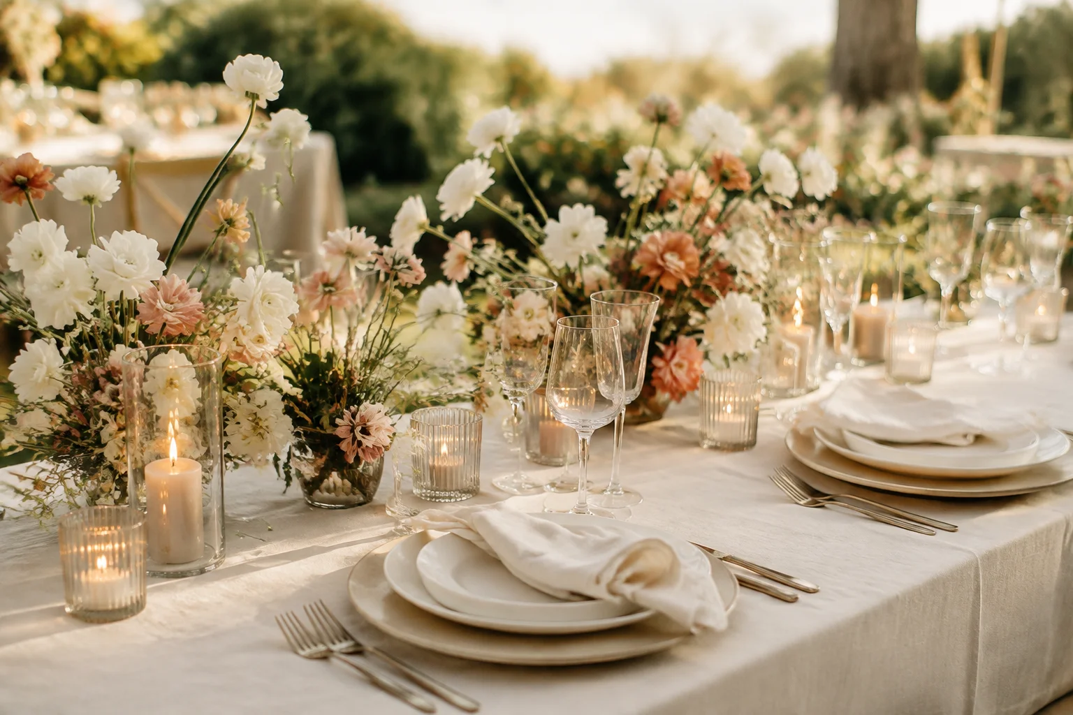 Cream flowers and candlelight on an ivory wedding dinner table